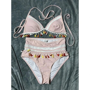 COCOSHIP Women's Mesh High Waist‎ Bikini Set Tassel Trim Top Halter Strap Size 6